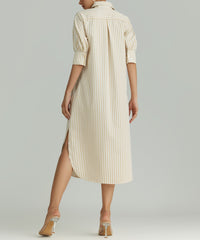 Gold Striped Cotton Tencel Long Shirt Dress