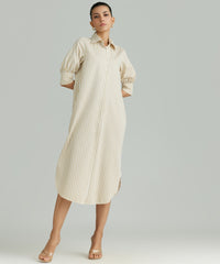 Gold Striped Cotton Tencel Long Shirt Dress