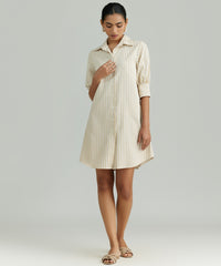 Gold Striped Cotton Tencel Short Shirt Dress