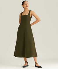 Military Green Stretch Suiting Midi Dress