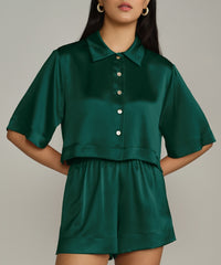 Emerald Silk Cropped Bowling Shirt