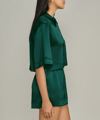 Emerald Silk Cropped Bowling Shirt