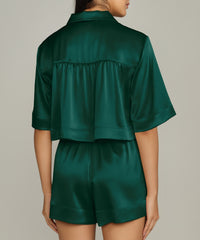 Emerald Silk Cropped Bowling Shirt