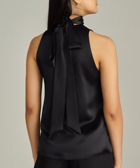 Black Silk Tie-Neck Top